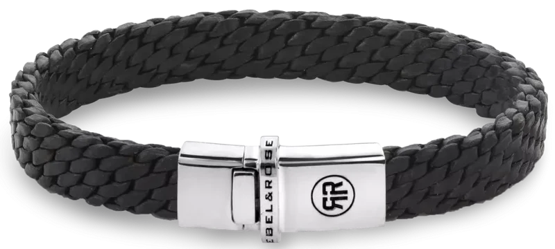 Armband aus insgesamt 9,2mm dickem, schwarzem, geflochtenen Lederschnüren, (jede Schnur ist 2mm dick), mit Silberverschluss - Rebel&Rose Modell: RR-L0161-S-L