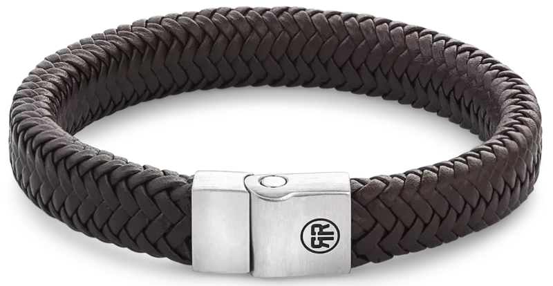 Armband aus 12mm dickem, dunkelbraunem Leder mit Edelstahlverschluss - Rebel&Rose Modell: RR-M0022-S-L