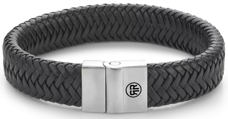 Armband aus 15mm dickem, schwarzem Leder mit Edelstahlverschluss - Rebel&Rose Modell: RR-M0032-S-M