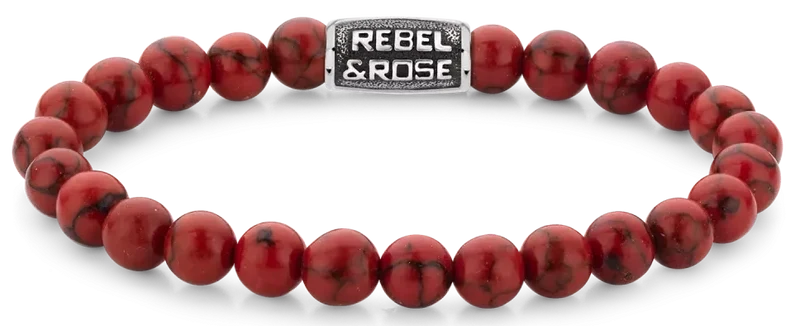 Armband aus 8mm großen roten Edelsteinen mit grauem Edelstahlverschluss - Rebel&Rose Modell: RR-80099-V-L