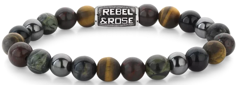 Armband aus 8mm großen Steinen in Tigerauge-Blau, Tigerauge-Gelb, Brekzien-Jaspis, Ryolith und Hämatit-Grau mit grauem Edelstahlverschluss - Rebel&Rose Modell: RR-80106-V-L