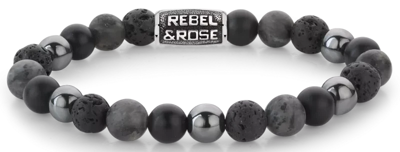 Armband aus 8mm großen schwarzen Onyx-, Lava-, Larvakit- und Hämatitsteinen mit grauem Edelstahlverschluss - Rebel&Rose Modell: RR-80105-V-L