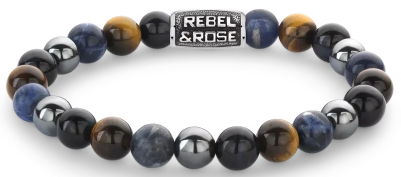 Armband aus 8mm großen Sodalith, gelbem Tigerauge, blauem Tigerauge und grauem Hämatitedelsteinen mit grauem Edelstahlverschluss - Rebel&Rose Modell: RR-80100-V-L