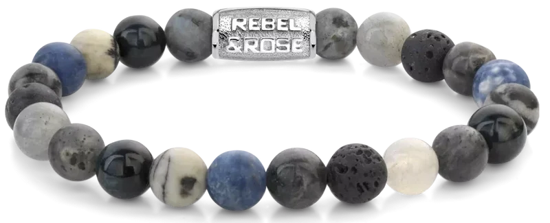 Armband aus 8mm großen Sodalithblau, Achat, Tigeraugeblau, Larvenkitgrau, Labradorit und Lavasteinen mit Metallverschluss - Rebel&Rose Modell: RR-80114-S-L