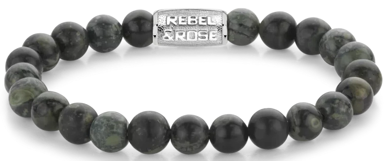 Armband aus 8mm großen Rhyolithsteinen mit Metallverschluss - Rebel&Rose Modell: RR-80107-S-L