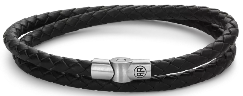 Armband aus zwei 5mm dicken, schwarzen Lederschnüren mit Edelstahlverschluss - Rebel&Rose Modell: RR-M0038-S-L