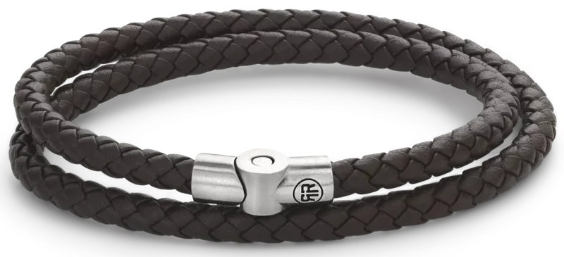 Armband aus zwei 5mm dicken, dunkelbraunen Lederschnüren mit Edelstahlverschluss - Rebel&Rose Modell: RR-M0039-S-M
