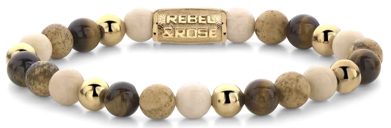 Armband aus 6mm großen Edelsteinen Fossil, Bild Jaspis und Tigerauge gelb mit Metallverschluss - Rebel&Rose Modell: RR-60044-G-S