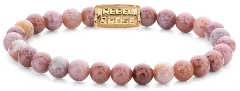 Armband aus 6mm großen Rhodonit Edelsteinen mit Metallverschluss - Rebel&Rose Modell: RR-60119-G-S