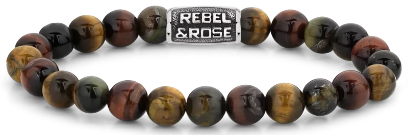 Armband aus 8mm großen Edelsteinen Tigerauge mit Metallverschluss - Rebel&Rose Modell: RR-80095-V-L