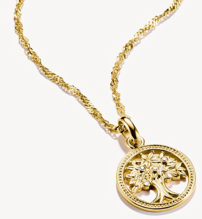 Thomas Sabo Charm-Anhänger, Baum in einem Ring mit weißen Edelsteinen, aus Silber, vergoldet