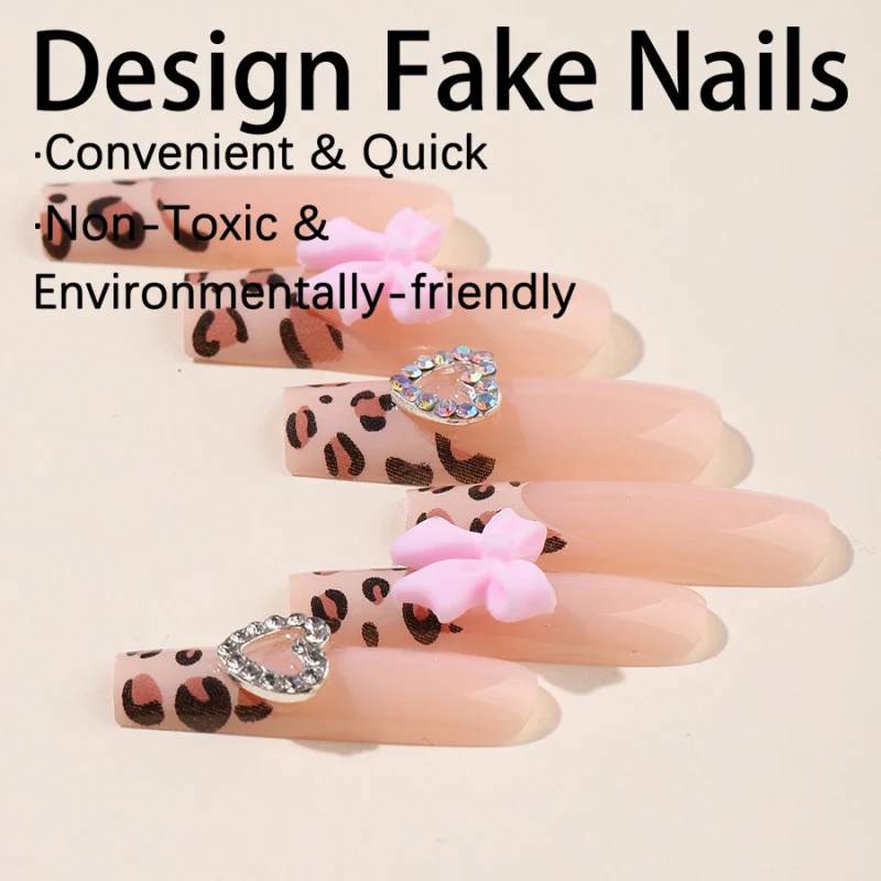 Dekoratives Press-On Nagelkunst Set mit Leopardenmuster und Schleifenakzenten
