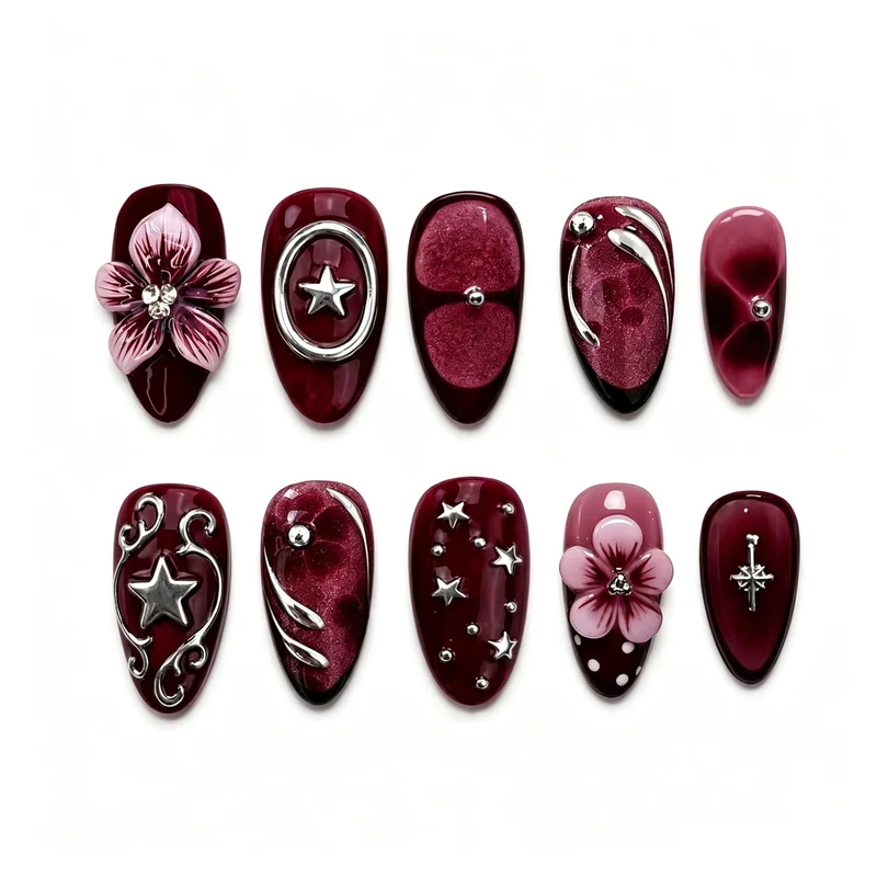 Künstlerisches Blumendruck-Press-On-Nagelkunstset