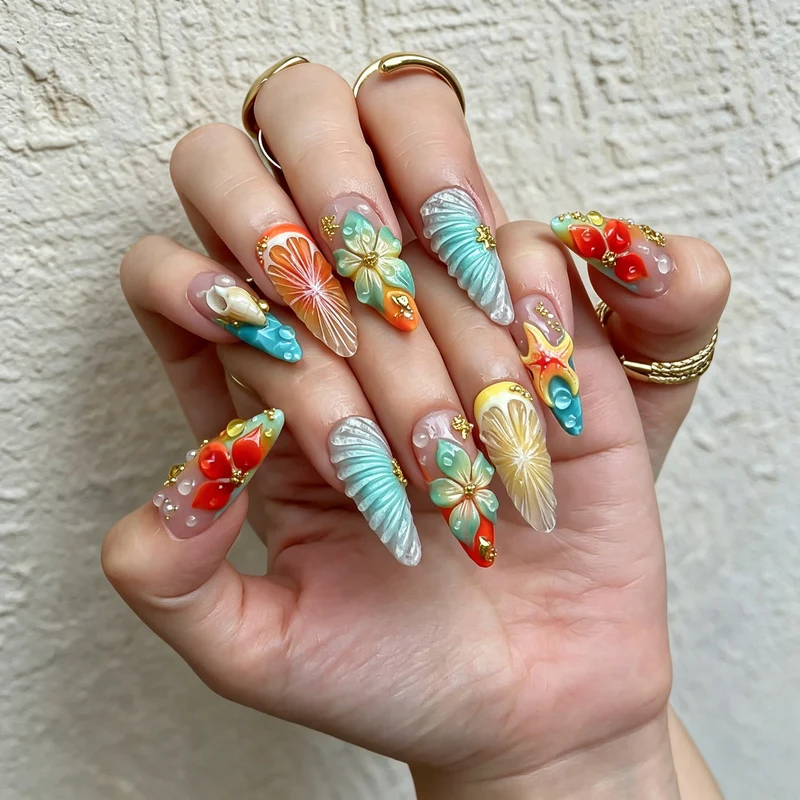 Künstlerisches vom Ozean inspirierte Press-On Nagelkunst Set