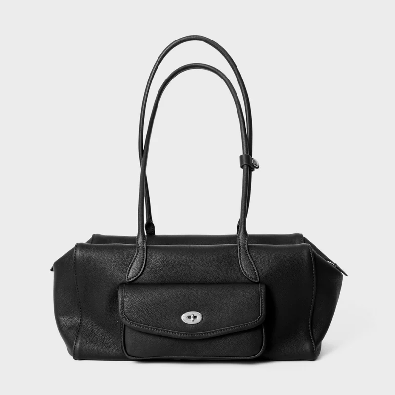 Strukturierte Barrel-Tote mit Front-Drehverschluss-Tasche und doppelten Schulterriemen