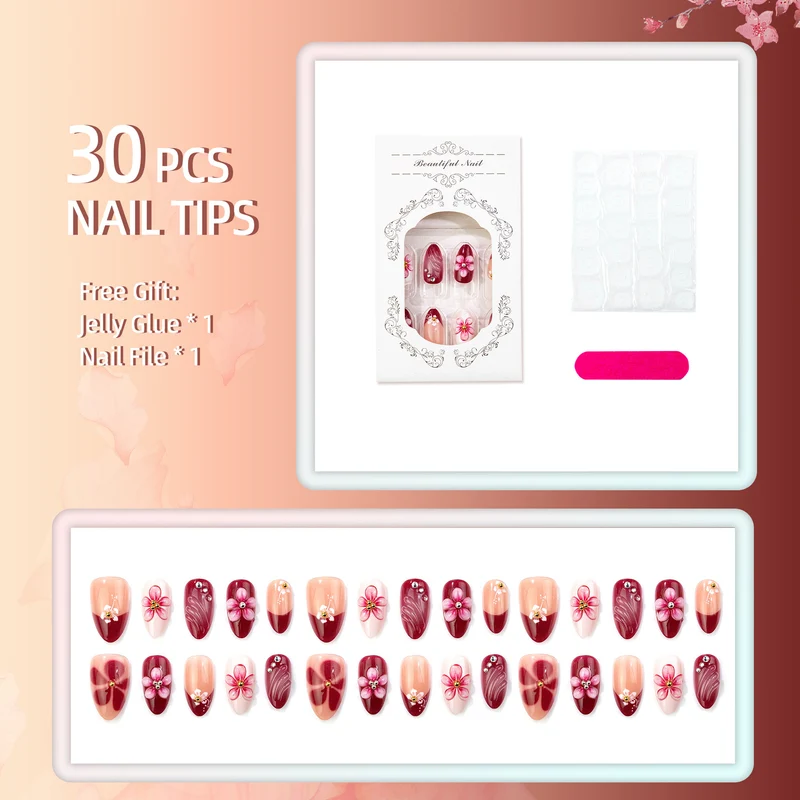 Künstlerisches Floral-Verzierte Press-On Nägel Set