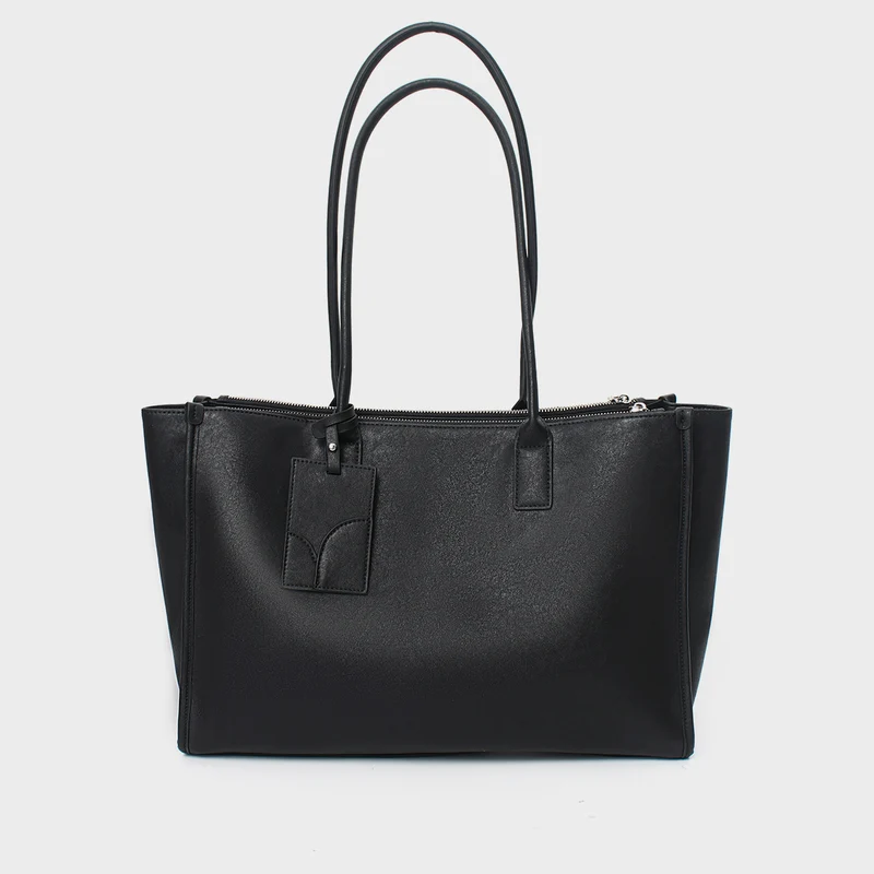 Glattes veganes Leder strukturiert Top-Zip Tote mit doppelten gerollten Griffen und Gepäckanhänger