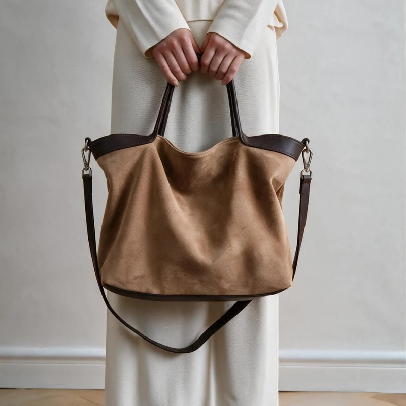 Wildleder Slouch Shopper Tote mit Kontrastlederbesatz und abnehmbarem Crossbody-Tragegurt