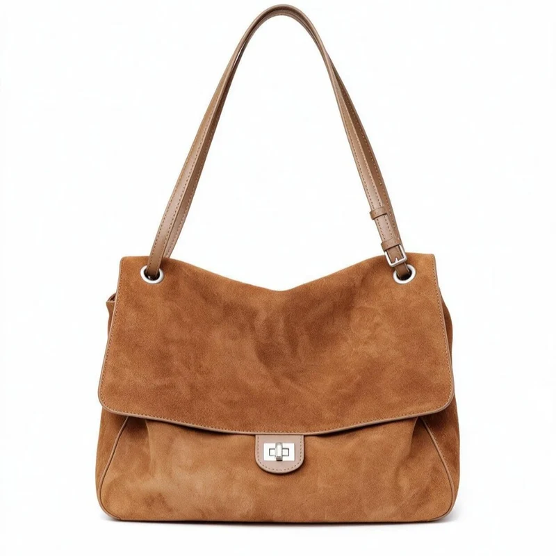 Suede Schulter Tote Bag mit Klappe und Drehverschluss