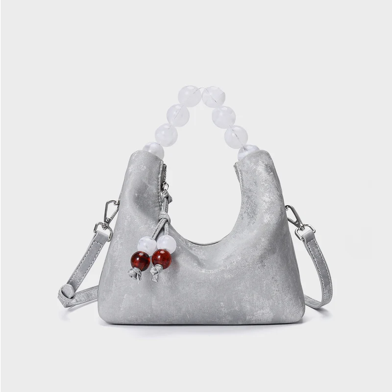 Wildleder Halbmond Schultertasche mit Acrylperlen-Obergriff & abnehmbarem Umhängegurt