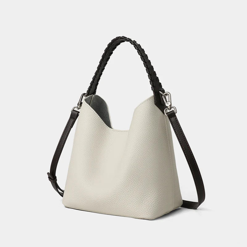 Geriffeltes Leder Bucket Hobo Bag mit geflochtenem Tragegriff und abnehmbarem Schultergurt