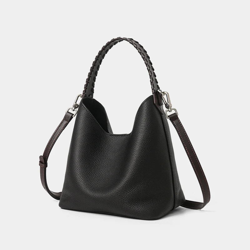 Geriffeltes Leder Bucket Hobo Bag mit geflochtenem Tragegriff und abnehmbarem Schultergurt