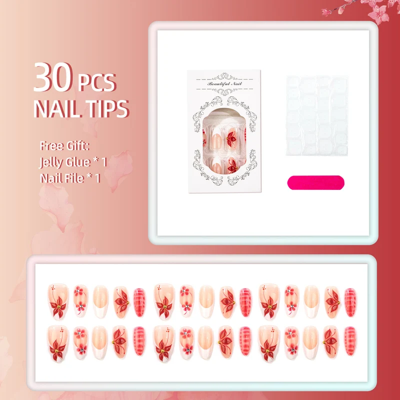 Künstlerisches blumengeschmücktes Press-On Nagel-Set 1790738460