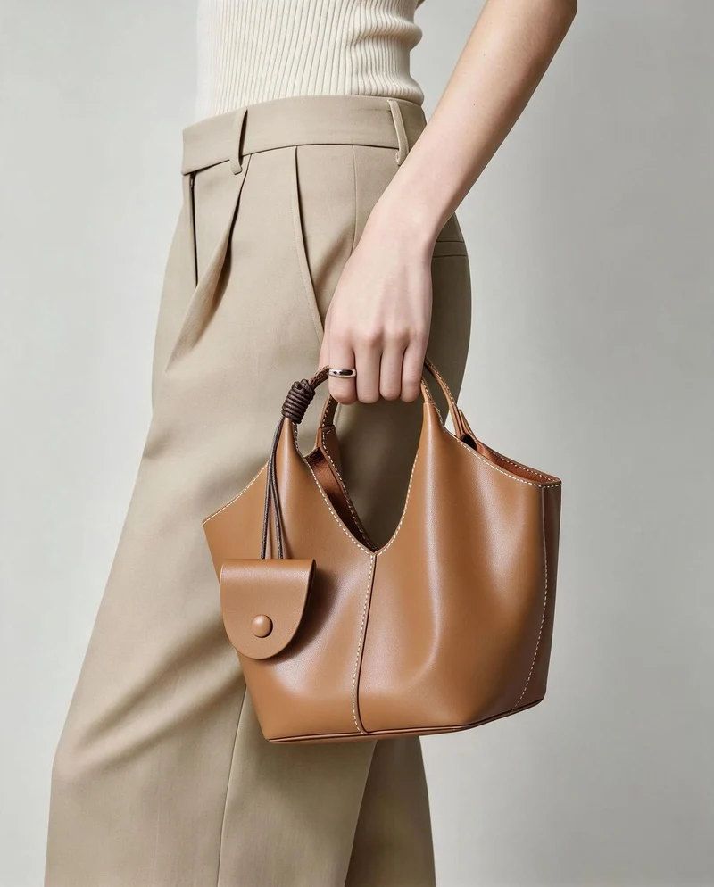 Kragend-Top Weiches Leder Bucket Tote mit Hängender Mini-Tasche