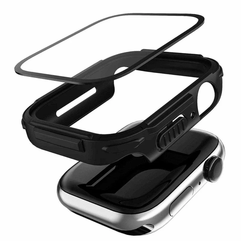 Mega Gut Apple Watch Series 7 45mm Hülle mit Displayschutz in Plastik und Gehärtetes Glas