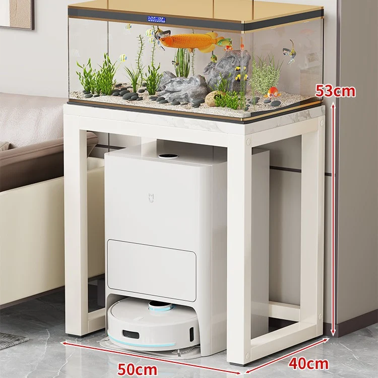 Gold-Metall-Aquarium-Konsole mit Kunstmarmorplatte und Robotersauger-Aufbewahrung
