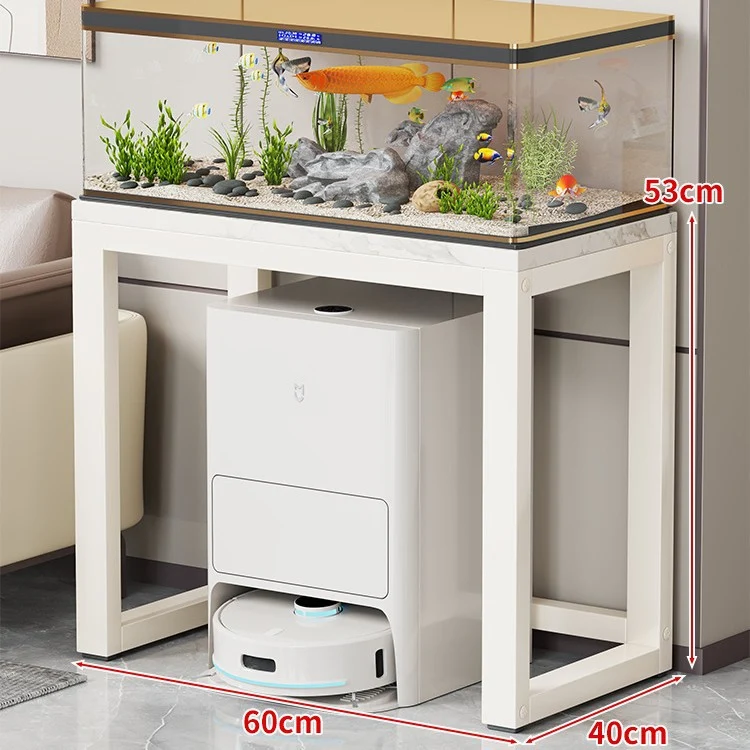 Gold-Metall-Aquarium-Konsole mit Kunstmarmorplatte und Robotersauger-Aufbewahrung