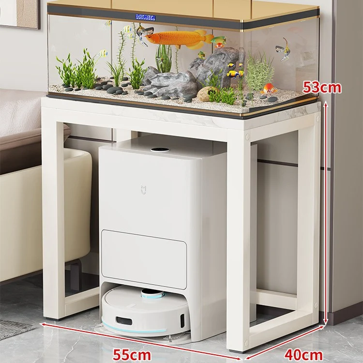 Gold-Metall-Aquarium-Konsole mit Kunstmarmorplatte und Robotersauger-Aufbewahrung