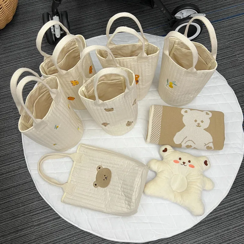 Ge quiltete Baumwoll-Canvas-Tasche mit besticktem Zitronenmuster und kurzen Webbandgriffen