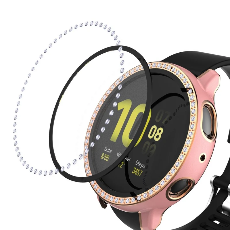Stilvoll Samsung Galaxy Watch Active 2 - 44mm Hülle mit Displayschutz in Plastik, Strass und Gehärtetes Glas