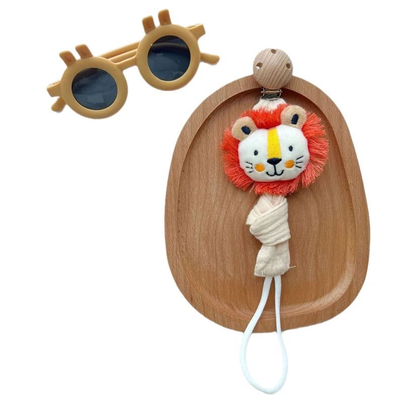 Holzclip Fuchs Plüsch Schnullerhalter mit geknotetem Musselinstreifen