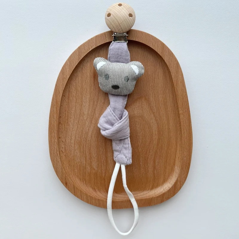 Holzclip Fuchs Plüsch Schnullerhalter mit geknotetem Musselinstreifen