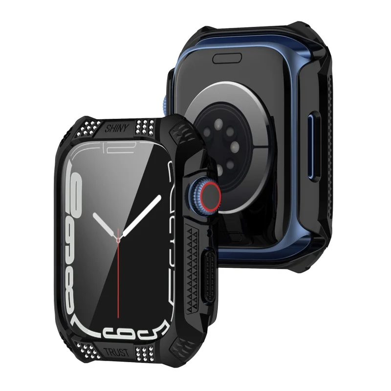Unglaublich Stylisch Apple Watch Series 7 41mm Hülle mit Displayschutz in Strass und Gehärtetes Glas
