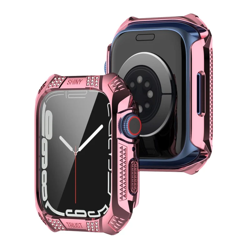 Unglaublich Stylisch Apple Watch Series 7 41mm Hülle mit Displayschutz in Strass und Gehärtetes Glas