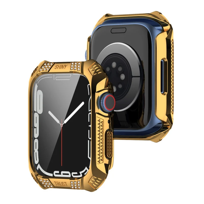 Unglaublich Stylisch Apple Watch Series 7 41mm Hülle mit Displayschutz in Strass und Gehärtetes Glas