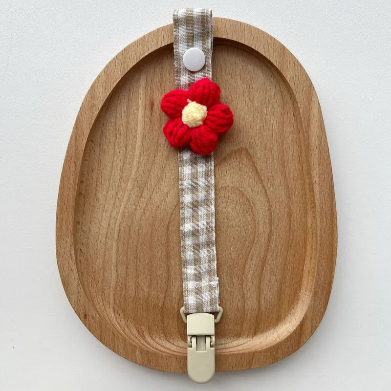 Gingham Leinen-Stil Häkelblumen Schnuller und Beißring Clip