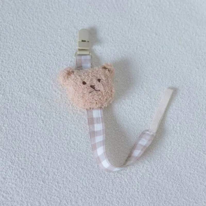 Vichykaro Baumwollberuhigungssauger- und Beißringclip mit gesticktem Bärenapplikation