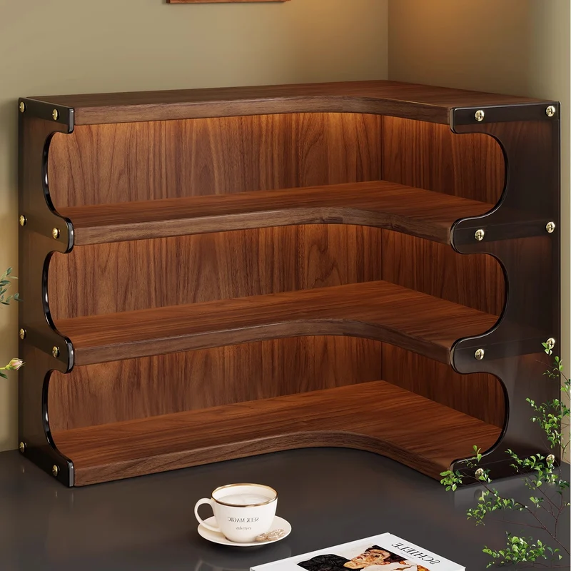 Eck-Dre tiers Holz Theke Anzeige Regal Organizer mit gebogenen Regalen und Messing Akzenten
