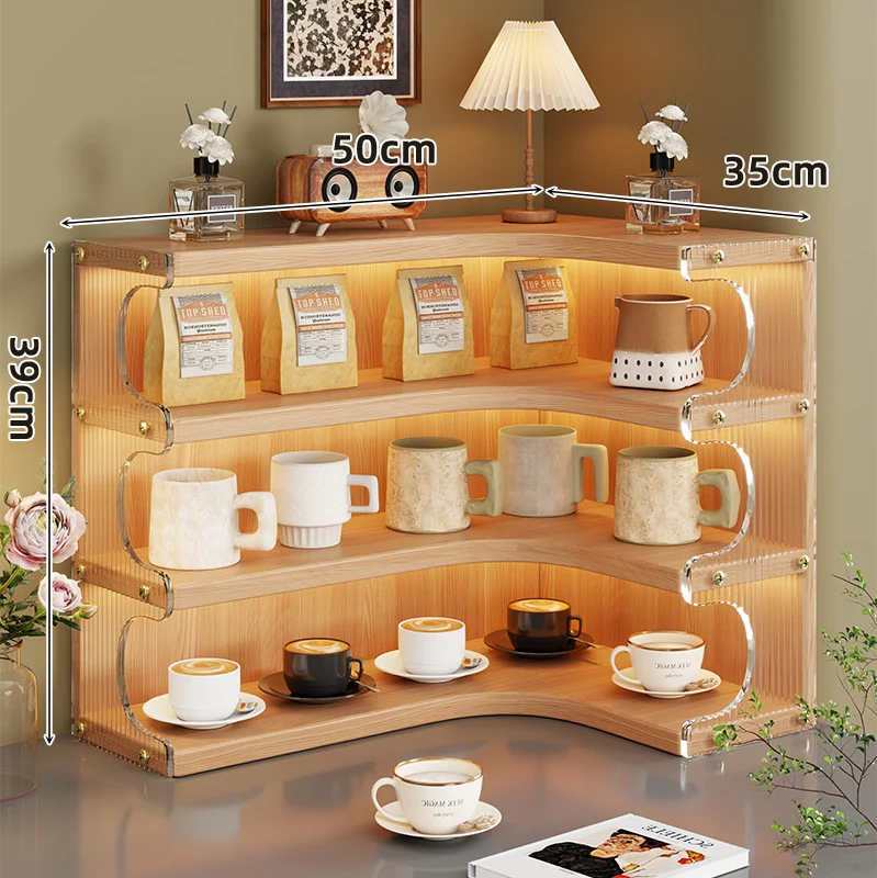 Eck-Dre tiers Holz Theke Anzeige Regal Organizer mit gebogenen Regalen und Messing Akzenten