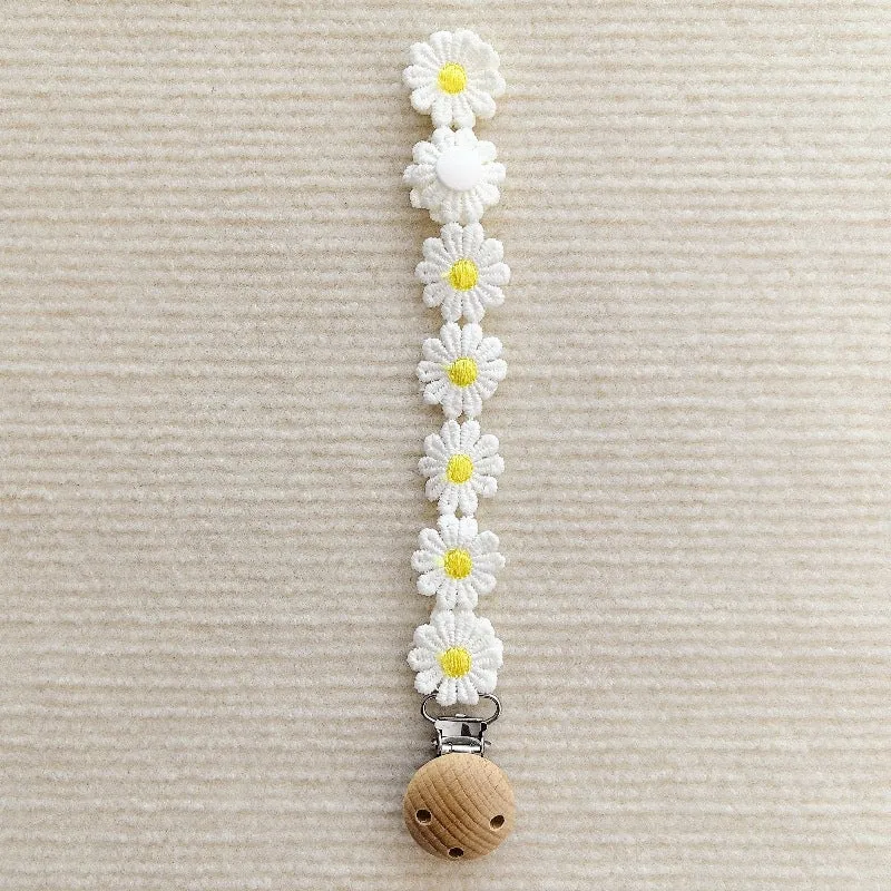 Florale Häkel-Schnullerhalter mit Holz-Sicherheitsclip