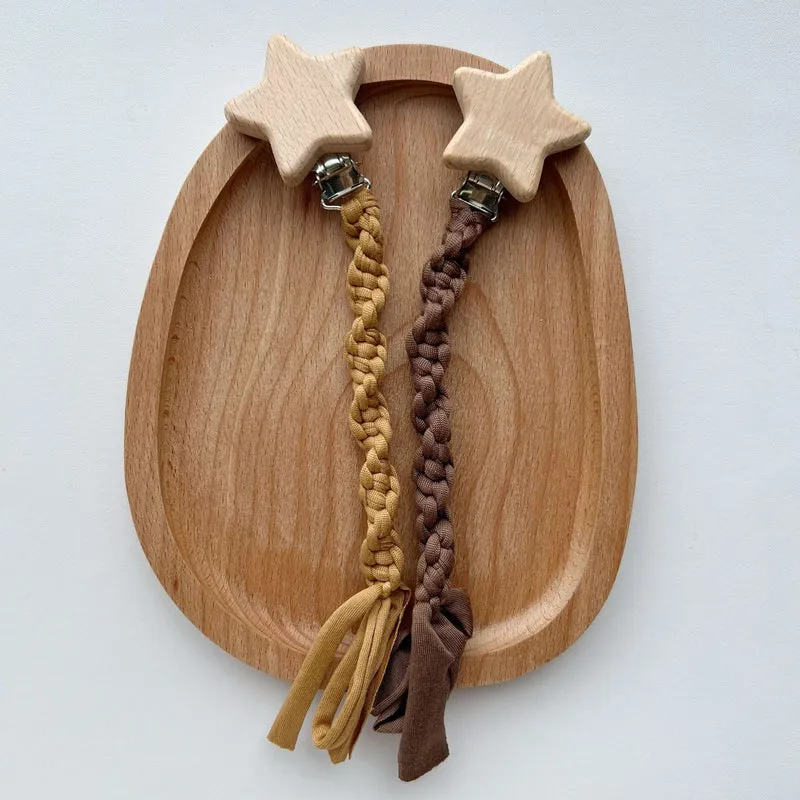 Geflochtener Baumwolle Schnullerleine mit Holzstern Sicherheitsklammer