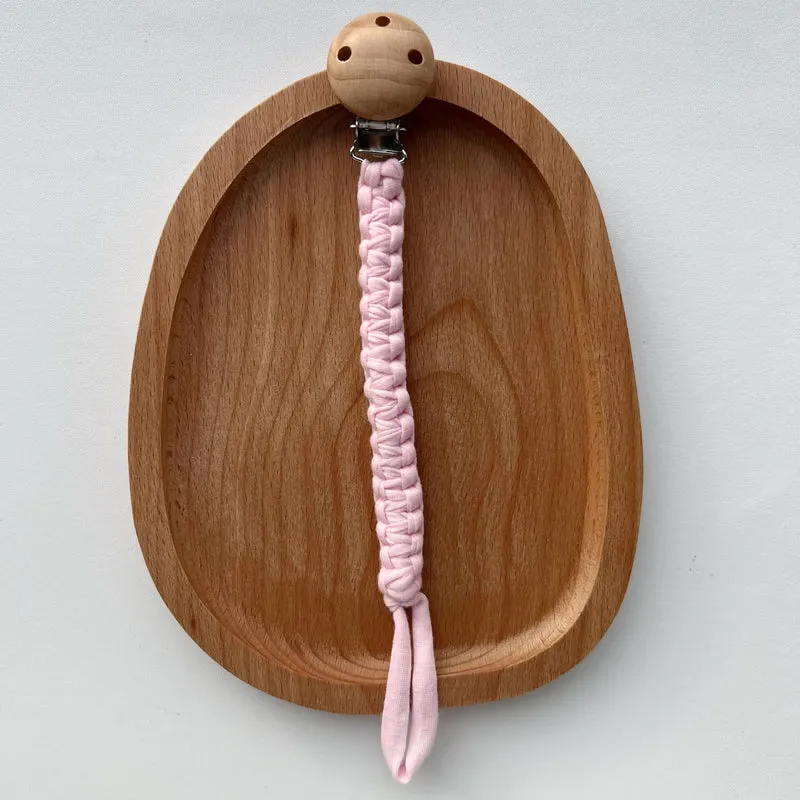 Geflochtener Baumwoll-Schnullerclip mit Holz-Sicherheitsclip