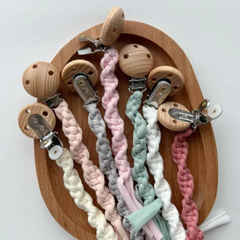 Geflochtene Baumwoll-Schnullerkette mit Holzsicherheitsklemme