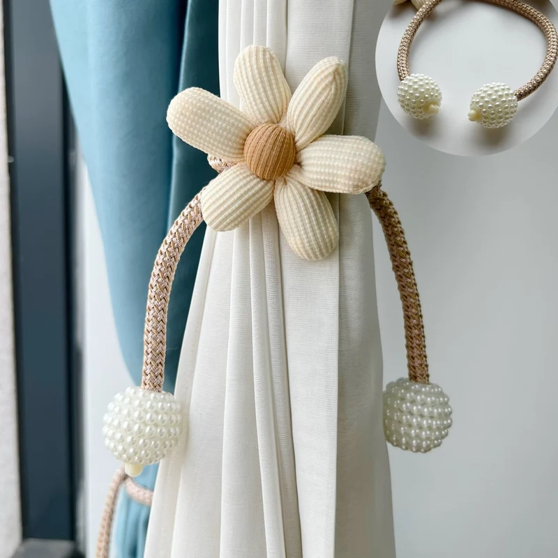 Dekorative Stoffblumen-Vorhanghalter mit geflochtenem Seil und Perlen-Pom-Pom-Gewichten