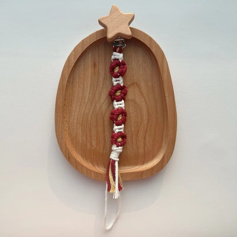 Baumwolle Häkelblumen Schnuller und Beißring Clip mit Holz Herz Sicherheitsclip