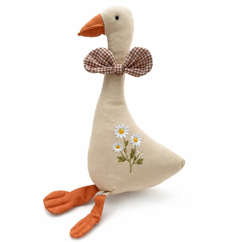 Handgefertigtes Leinen-Gans-Plüschspielzeug mit gesticktem Gänseblümchen-Motiv und Karobow